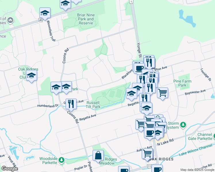 map of restaurants, bars, coffee shops, grocery stores, and more near 35 Blackforest Drive in Richmond Hill