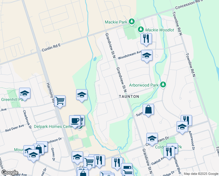 map of restaurants, bars, coffee shops, grocery stores, and more near 1797 Douglas Langtree Drive in Oshawa