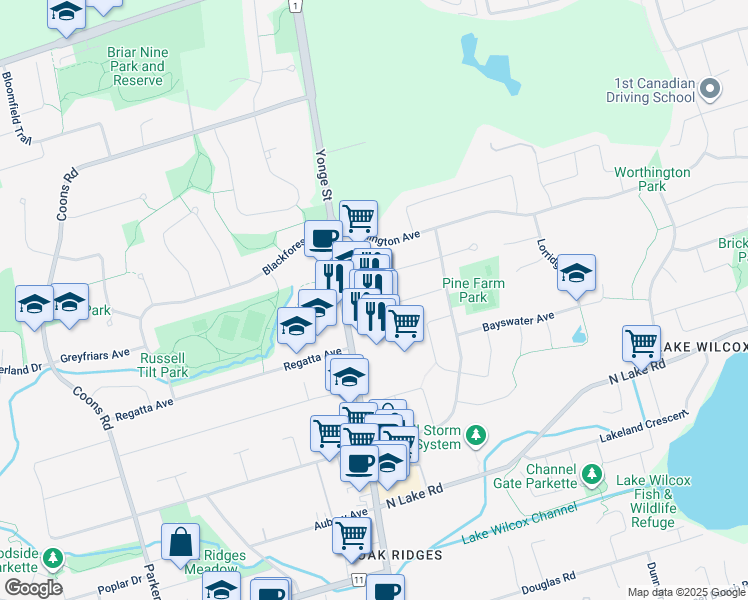 map of restaurants, bars, coffee shops, grocery stores, and more near 13321 Yonge Street in Richmond Hill