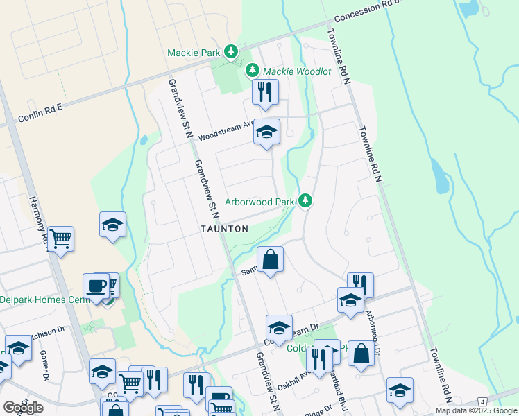 map of restaurants, bars, coffee shops, grocery stores, and more near 1762 Esterbrook Drive in Oshawa