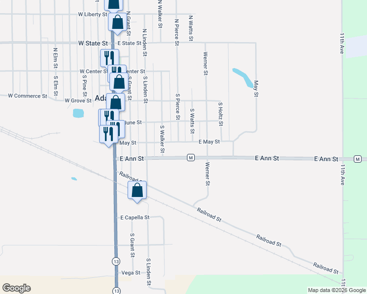 map of restaurants, bars, coffee shops, grocery stores, and more near 517 East May Street in Adams