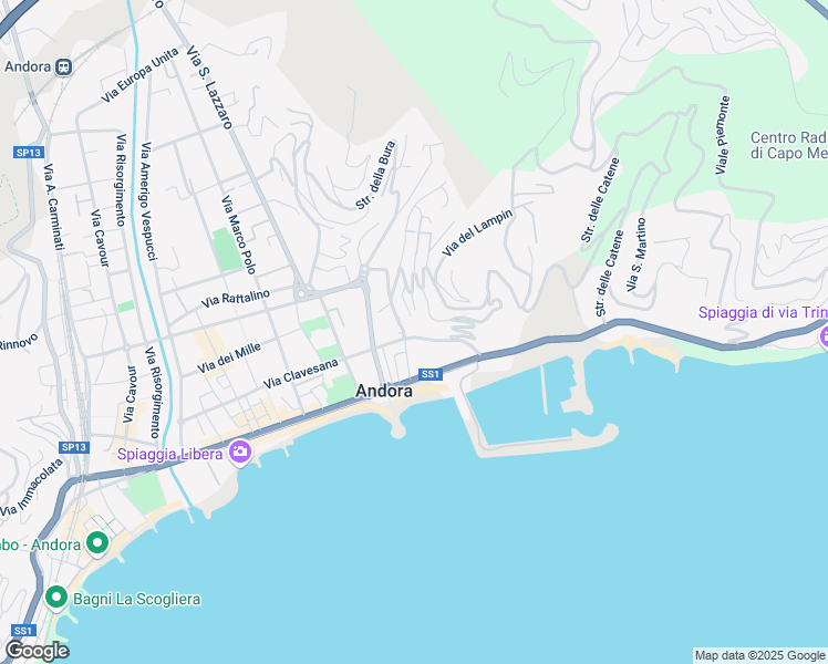 map of restaurants, bars, coffee shops, grocery stores, and more near 20 Via Clavesana in Marina di Andora