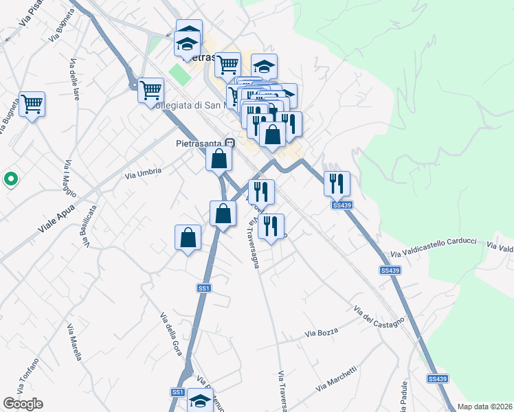 map of restaurants, bars, coffee shops, grocery stores, and more near 13 Via del Castagno in Pietrasanta