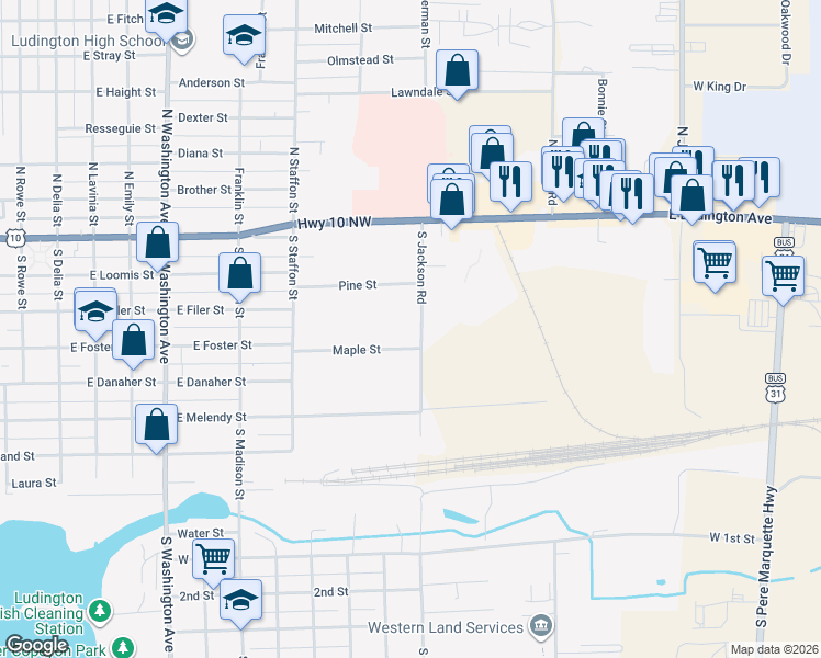 map of restaurants, bars, coffee shops, grocery stores, and more near 210 South Jackson Road in Ludington
