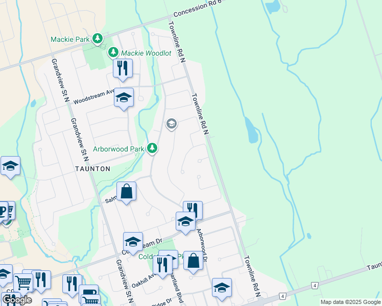 map of restaurants, bars, coffee shops, grocery stores, and more near 1808 Badgley Court in Oshawa