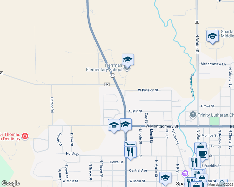 map of restaurants, bars, coffee shops, grocery stores, and more near 831 Goodman Court East in Sparta