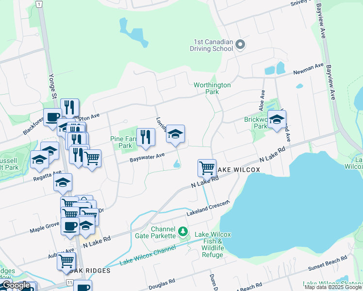 map of restaurants, bars, coffee shops, grocery stores, and more near 54 Bayswater Avenue in Richmond Hill