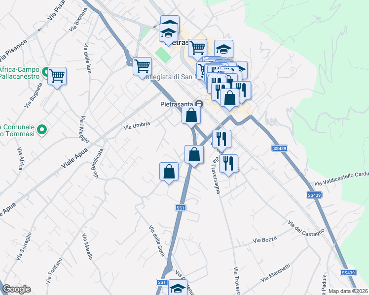 map of restaurants, bars, coffee shops, grocery stores, and more near 22A Via Osterietta in Pietrasanta
