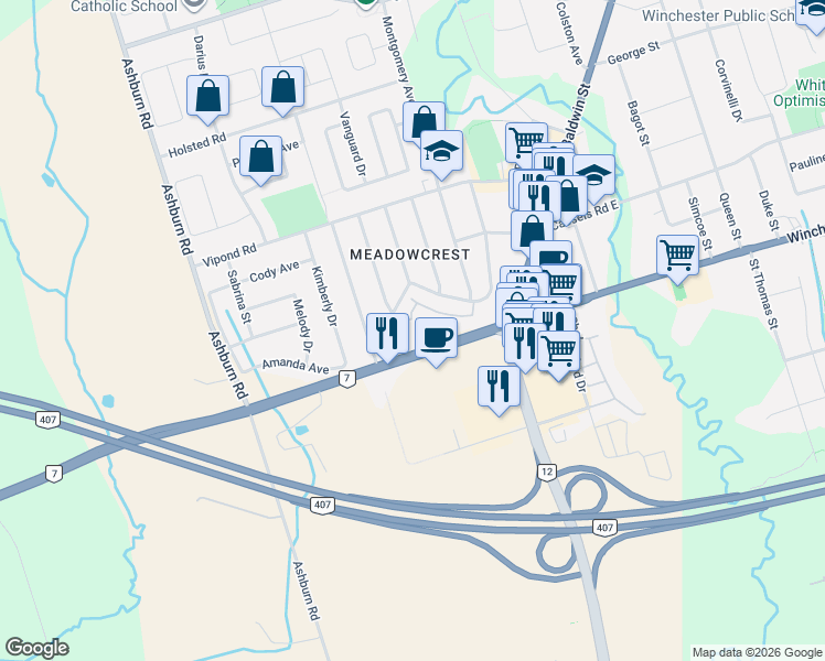 map of restaurants, bars, coffee shops, grocery stores, and more near 52 Harvey Johnston Way in Whitby