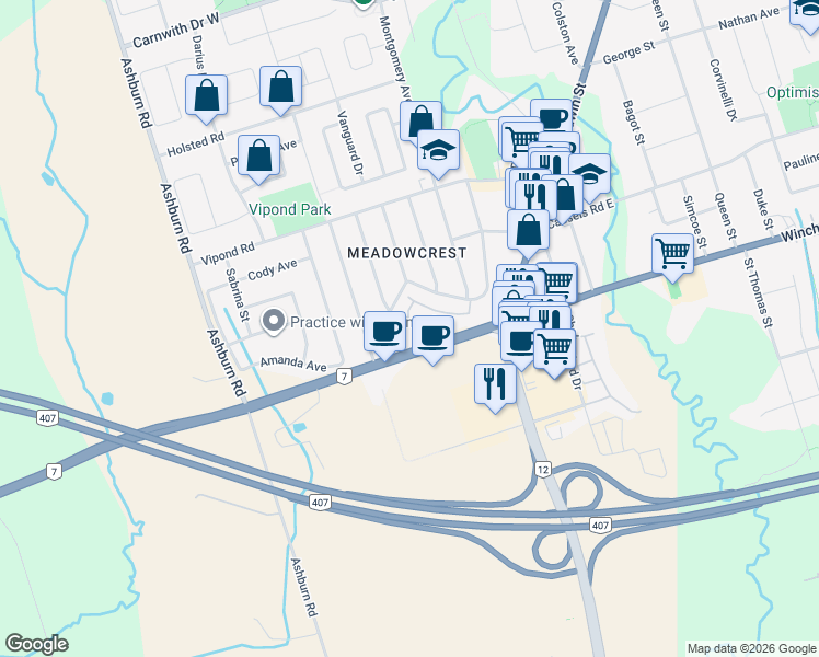 map of restaurants, bars, coffee shops, grocery stores, and more near 60 Highway 7 in Whitby