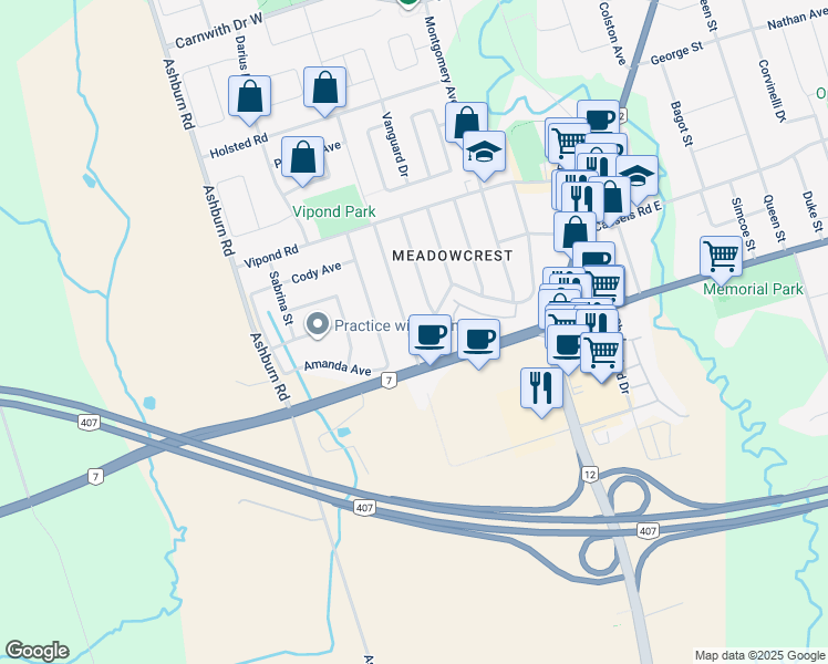 map of restaurants, bars, coffee shops, grocery stores, and more near 15 Ferguson Avenue in Whitby