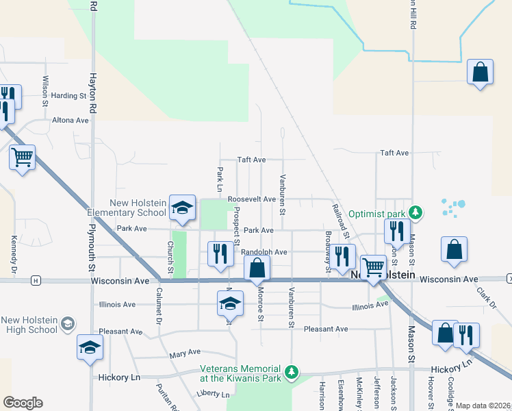 map of restaurants, bars, coffee shops, grocery stores, and more near 2225 Monroe St in New Holstein