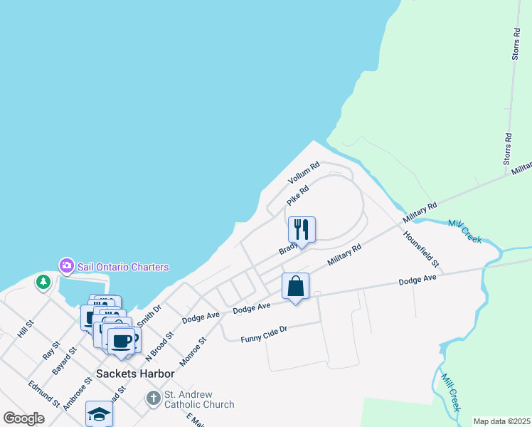 map of restaurants, bars, coffee shops, grocery stores, and more near 85 Worth Street in Sackets Harbor