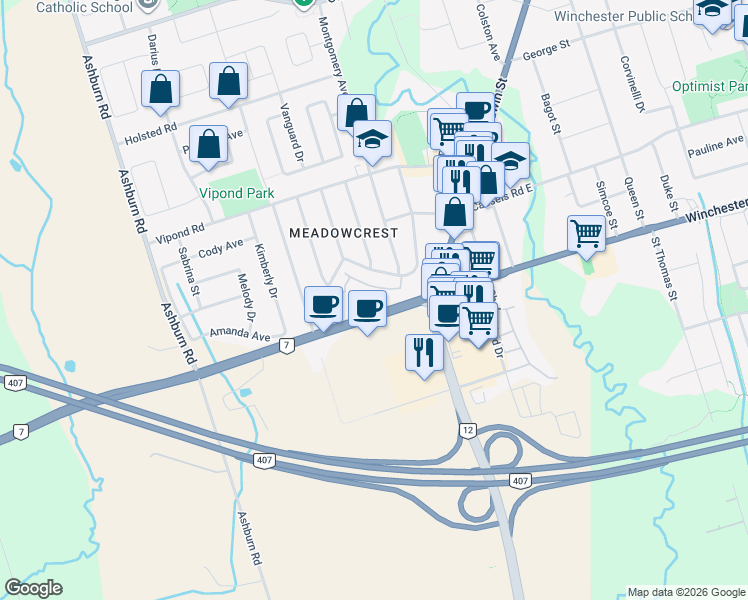 map of restaurants, bars, coffee shops, grocery stores, and more near 54 Harvey Johnston Way in Whitby