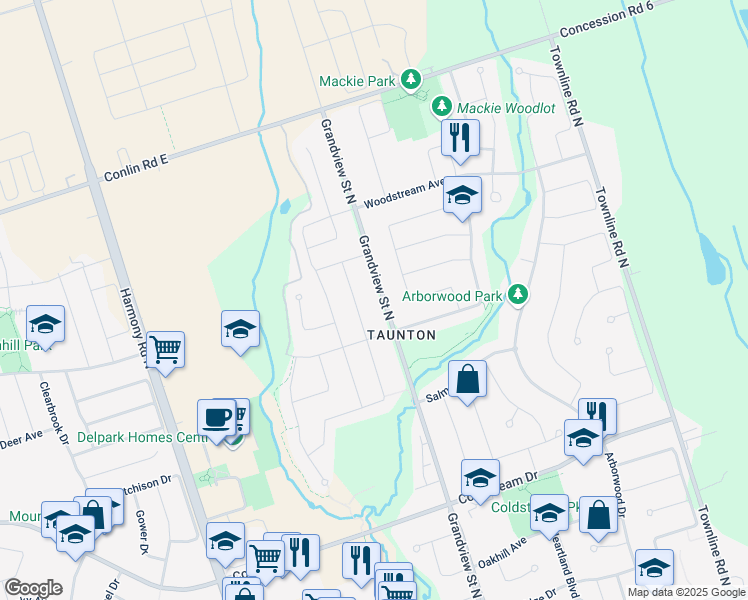 map of restaurants, bars, coffee shops, grocery stores, and more near 1820 Grandview Street North in Oshawa