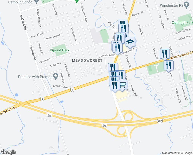 map of restaurants, bars, coffee shops, grocery stores, and more near 54 Harvey Johnston Way in Whitby