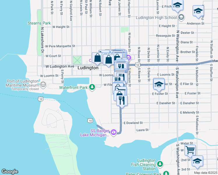 map of restaurants, bars, coffee shops, grocery stores, and more near 300 South Rath Avenue in Ludington