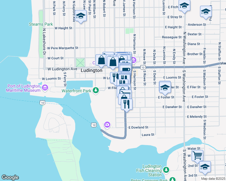 map of restaurants, bars, coffee shops, grocery stores, and more near 300 South Rath Avenue in Ludington