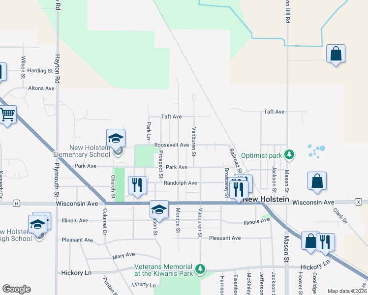 map of restaurants, bars, coffee shops, grocery stores, and more near 2225 Monroe Street in New Holstein