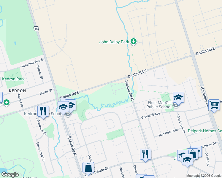 map of restaurants, bars, coffee shops, grocery stores, and more near 729 Heathrow Path in Oshawa