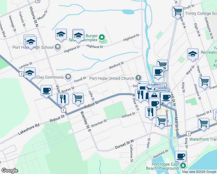 map of restaurants, bars, coffee shops, grocery stores, and more near in Port Hope