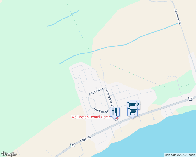 map of restaurants, bars, coffee shops, grocery stores, and more near 17 Dorchester Drive in Prince Edward County