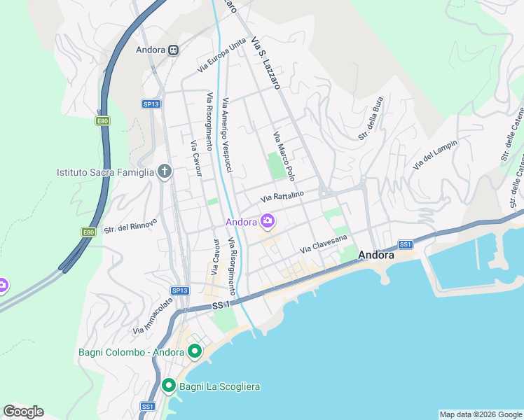 map of restaurants, bars, coffee shops, grocery stores, and more near 19 Via Cristoforo Colombo in Marina di Andora
