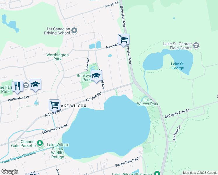 map of restaurants, bars, coffee shops, grocery stores, and more near 578 North Lake Road in Richmond Hill