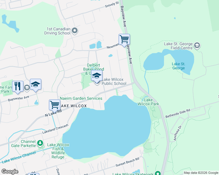 map of restaurants, bars, coffee shops, grocery stores, and more near 578 North Lake Road in Richmond Hill
