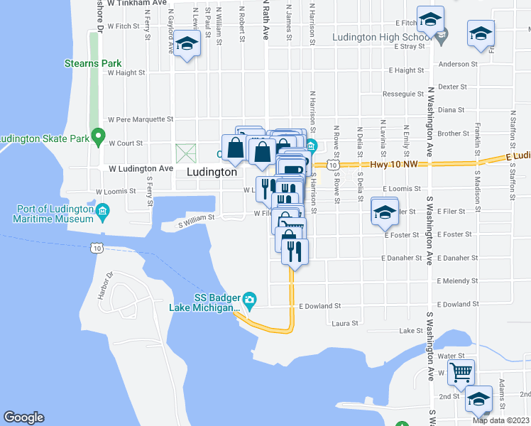 map of restaurants, bars, coffee shops, grocery stores, and more near 300 South Rath Avenue in Ludington