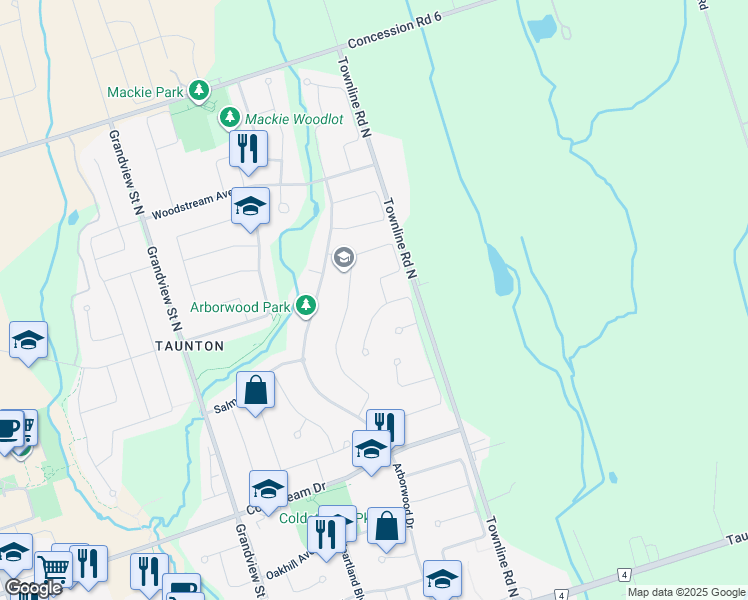 map of restaurants, bars, coffee shops, grocery stores, and more near 1808 Badgley Court in Oshawa