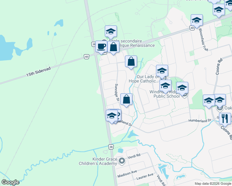 map of restaurants, bars, coffee shops, grocery stores, and more near Sunridge Street in Richmond Hill