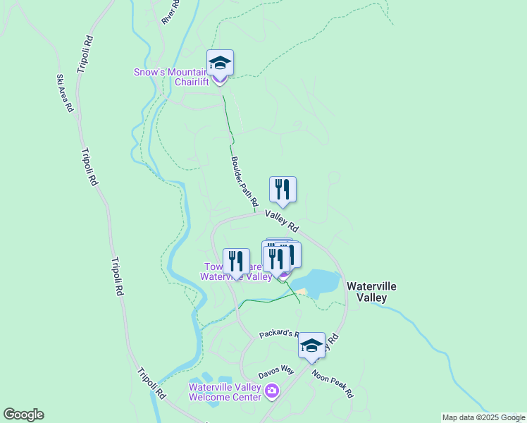 map of restaurants, bars, coffee shops, grocery stores, and more near 25 Valley Road in Waterville Valley