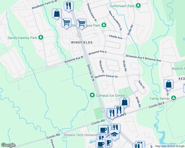 map of restaurants, bars, coffee shops, grocery stores, and more near Durham Regional Road 2 in Oshawa