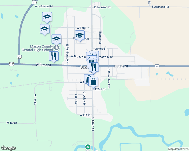 map of restaurants, bars, coffee shops, grocery stores, and more near 201 South Main Street in Scottville
