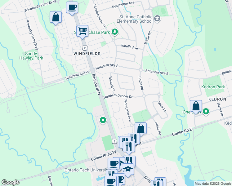 map of restaurants, bars, coffee shops, grocery stores, and more near 40 Northern Dancer Drive in Oshawa
