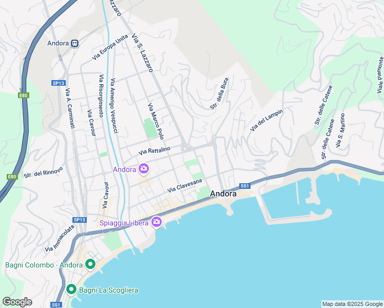 map of restaurants, bars, coffee shops, grocery stores, and more near 3 Via dei Mille in Marina di Andora
