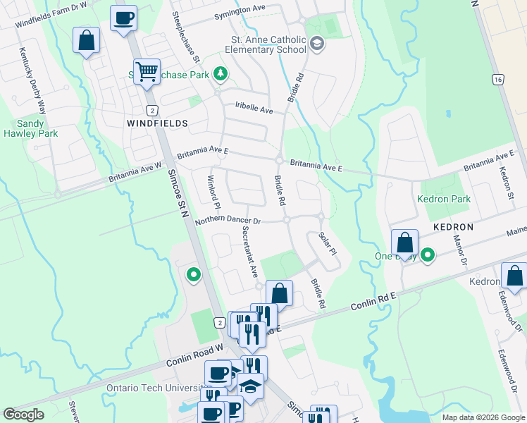 map of restaurants, bars, coffee shops, grocery stores, and more near 2243 Pilgrim Square in Oshawa