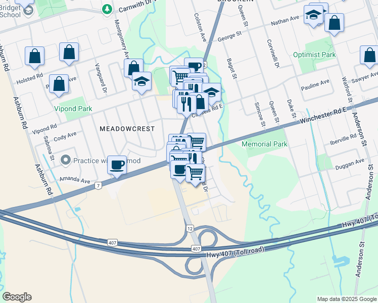 map of restaurants, bars, coffee shops, grocery stores, and more near 12 Winchester Road East in Whitby