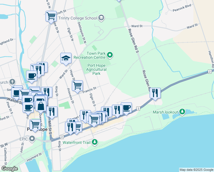 map of restaurants, bars, coffee shops, grocery stores, and more near 93 Francis Street in Port Hope