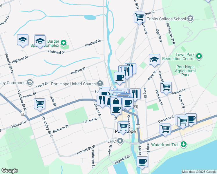 map of restaurants, bars, coffee shops, grocery stores, and more near 74 Cavan Street in Port Hope