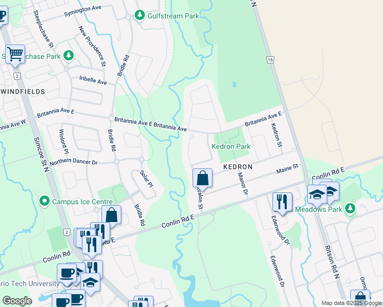 map of restaurants, bars, coffee shops, grocery stores, and more near 2131 Avalon Court in Oshawa