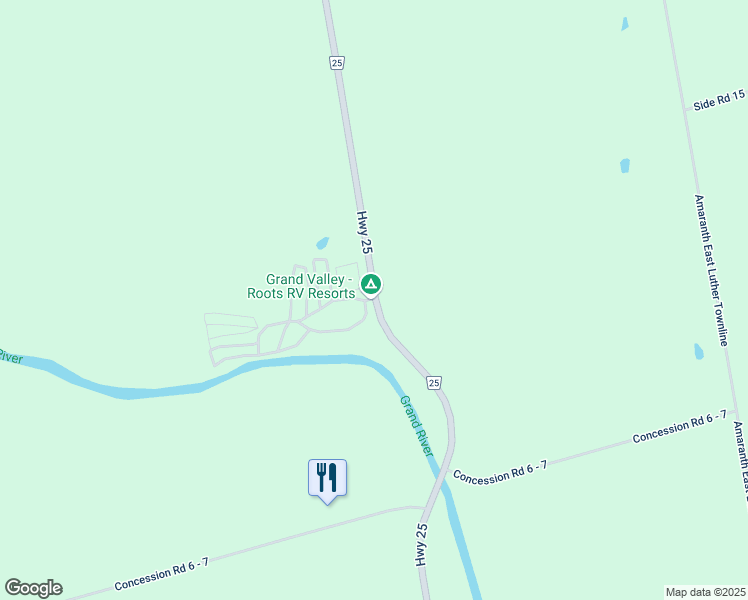 map of restaurants, bars, coffee shops, grocery stores, and more near 174366 Dufferin County Road 25 in Grand Valley