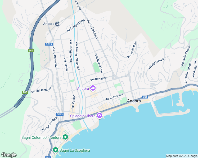 map of restaurants, bars, coffee shops, grocery stores, and more near Via Piana di Merula in Marina di Andora