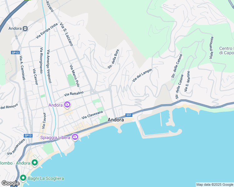 map of restaurants, bars, coffee shops, grocery stores, and more near 38 Viale Giuseppe Mazzini in Marina di Andora