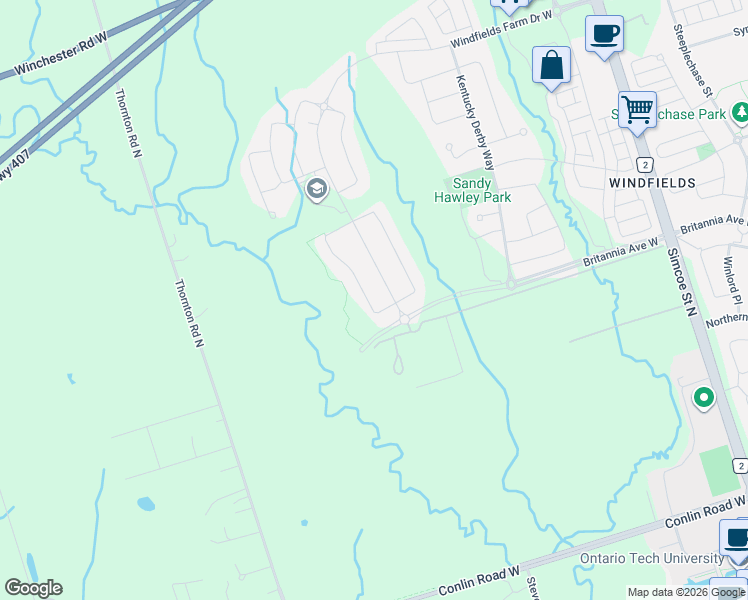 map of restaurants, bars, coffee shops, grocery stores, and more near 2349 Dress Circle Crescent in Oshawa