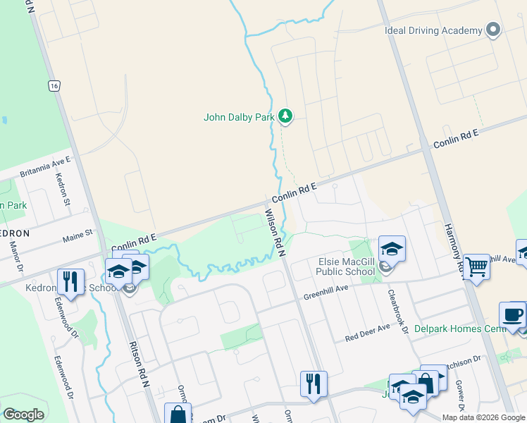 map of restaurants, bars, coffee shops, grocery stores, and more near in Oshawa