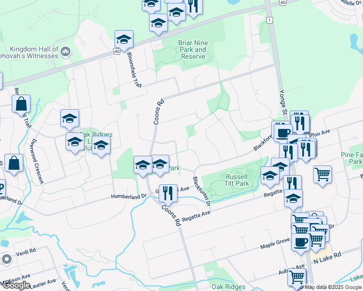 map of restaurants, bars, coffee shops, grocery stores, and more near 28 Beaufort Hills Road in Richmond Hill