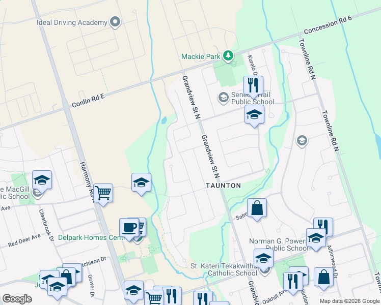 map of restaurants, bars, coffee shops, grocery stores, and more near 1870 Grandview Street North in Oshawa