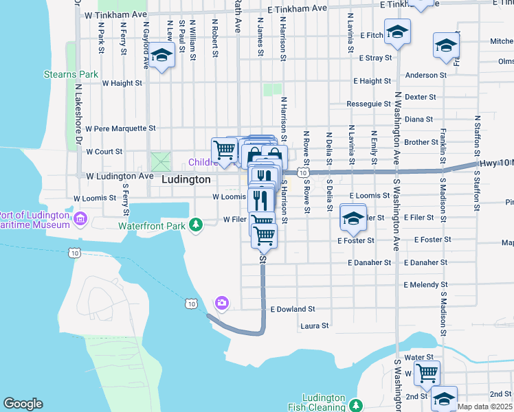 map of restaurants, bars, coffee shops, grocery stores, and more near 204 South James Street in Ludington